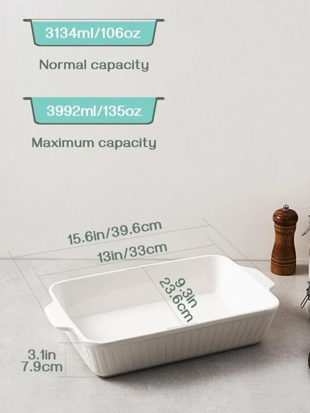 Large 9x13 Ceramic Casserole Dish - Deep Baking Pan with Handles, Oven Safe, 4.2